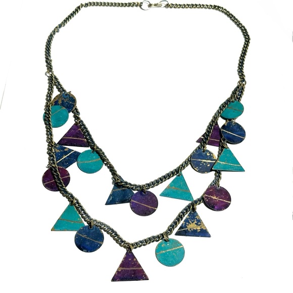 Vintage Purple Teal Blue Necklace Weathered Painted Brass Geometric Shapes 1980s - Picture 4 of 7